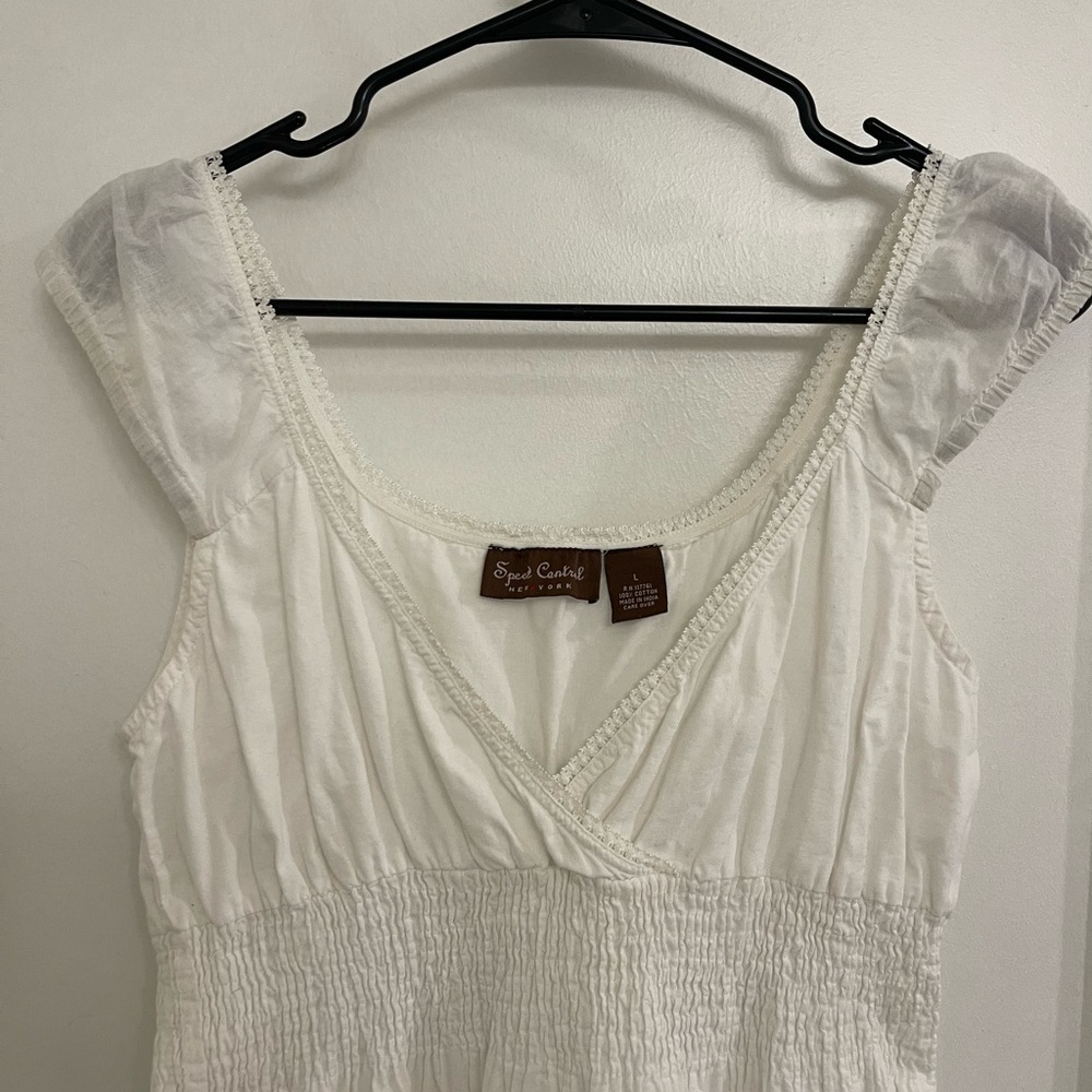 Vintage Y2K Babydoll Cotton Speed Control White Smocked Midi Dress Lace Trim